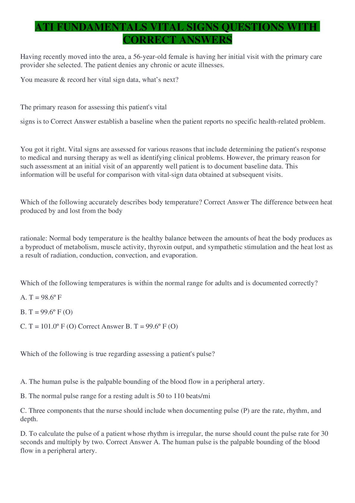 Preview of ATI FUNDAMENTALS VITAL SIGNS QUESTIONS WITH CORRECT ANSWERS